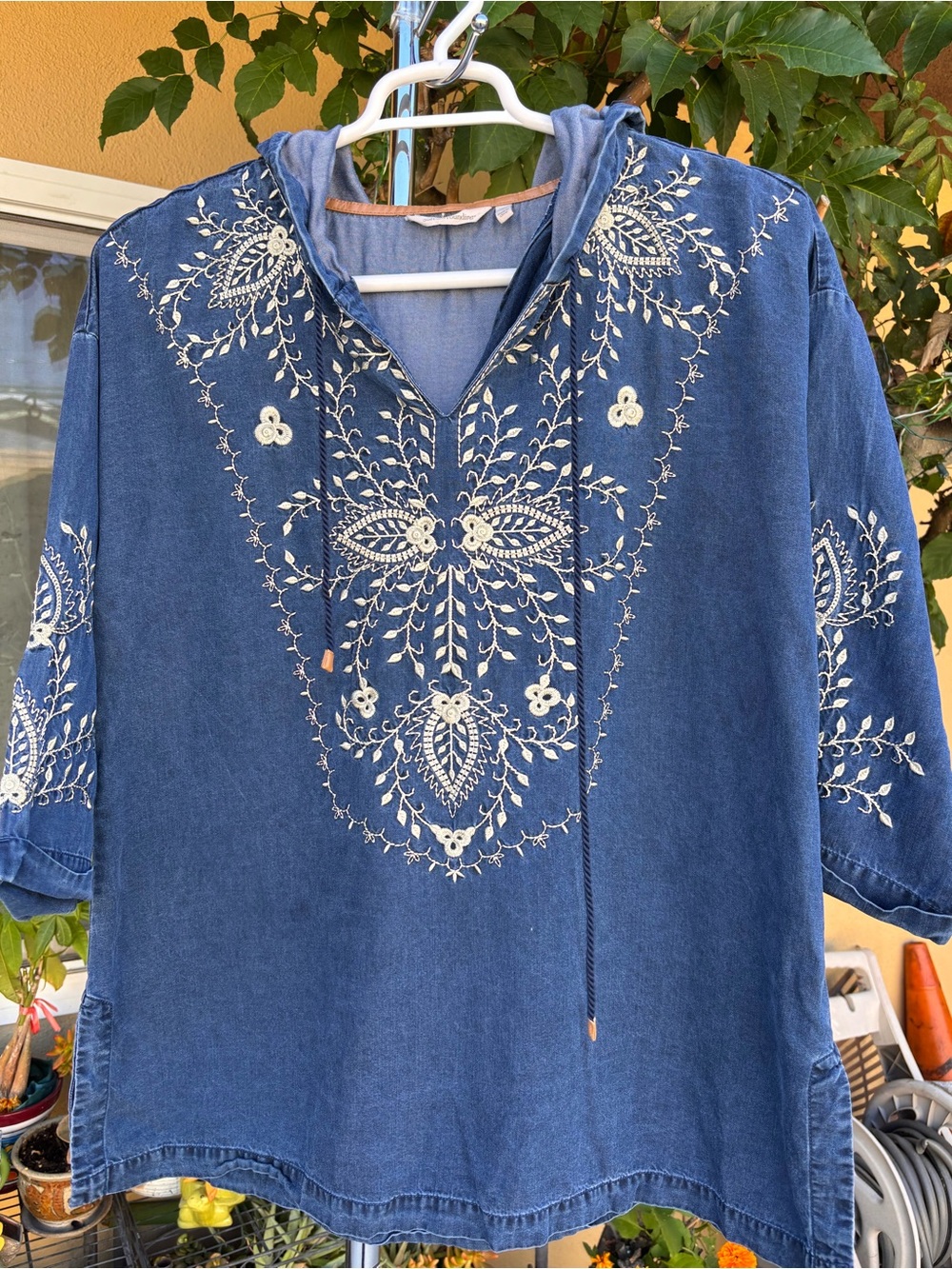 Chambray Emboidered Popover Soft Surroundings Regio Tunic Hooded Top Size L